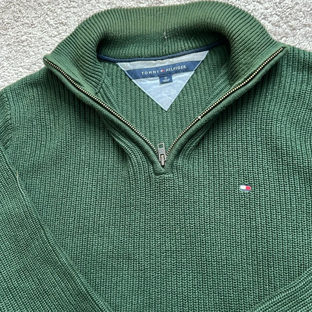 💯 cotton cable knit sweater with 1/4 zipper , green, size medium